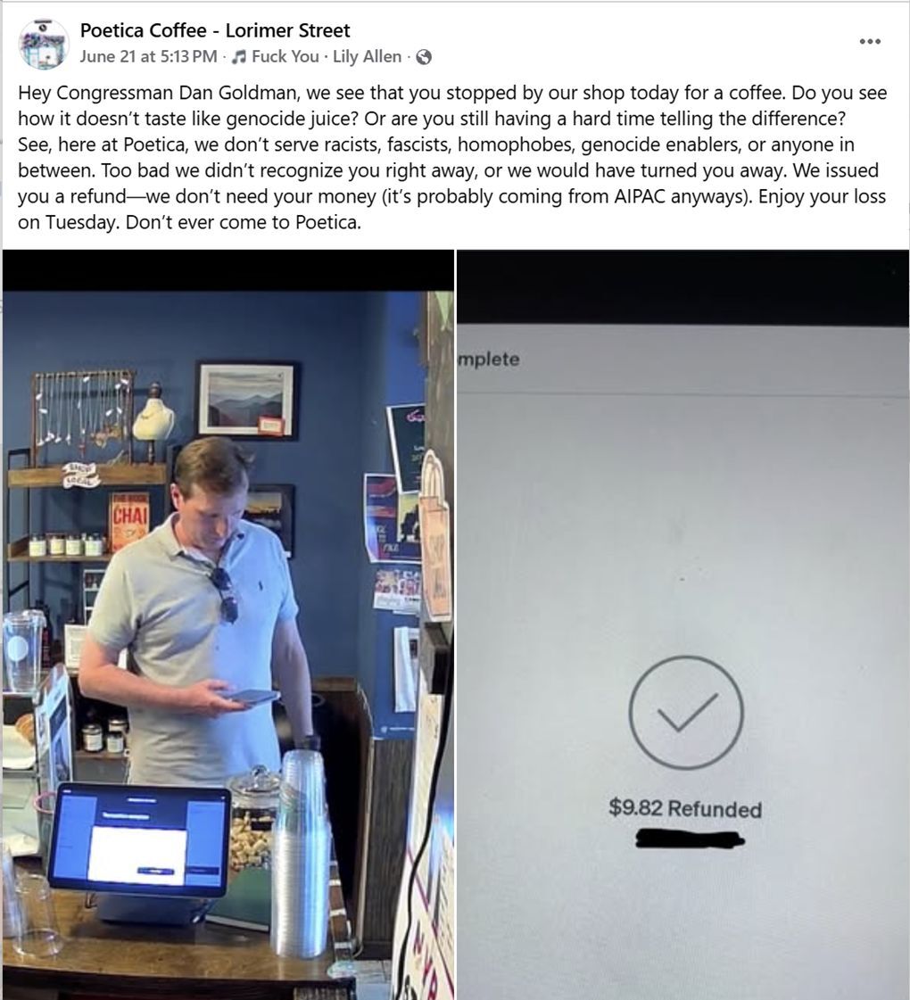 Screenshot: Poetica Coffee’s social media post targeting Rep. Dan Goldman. (Source: Screenshot/Facebook)