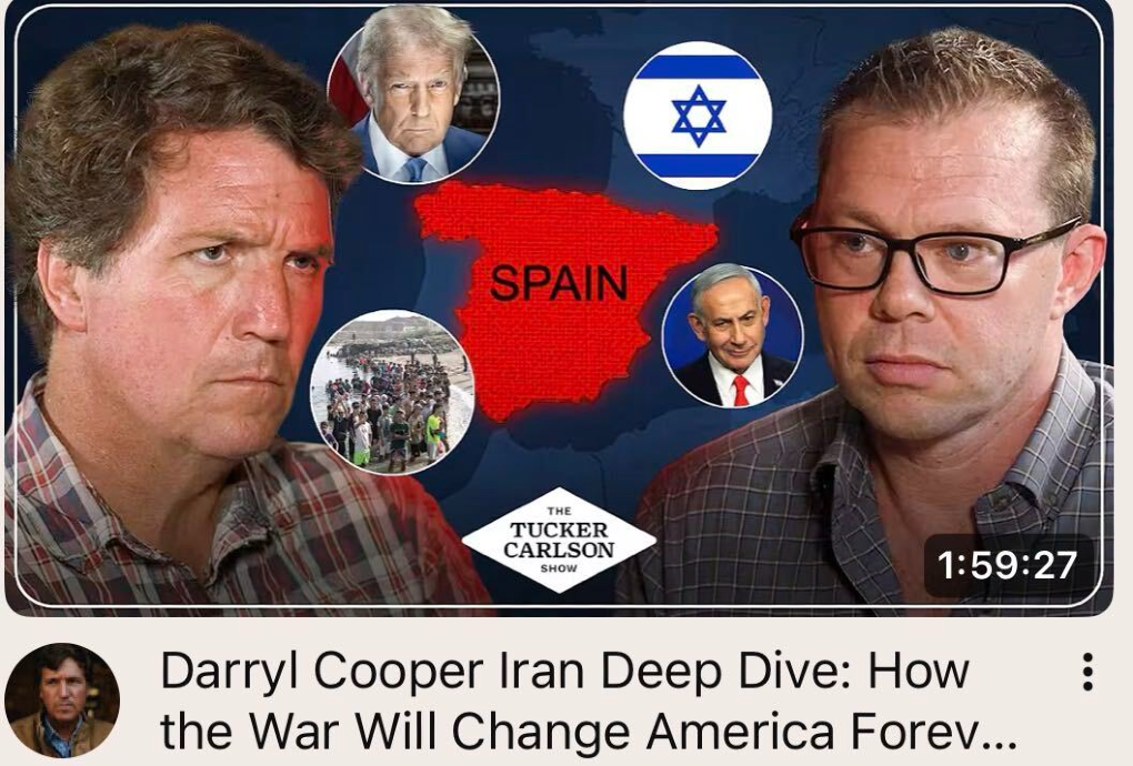 YouTube thumbnail from an episode of The Tucker Carlson Show in which Tucker Carlson claims that Israel sought to punish Spain with migrants for criticizing Israeli policies. (YouTube)