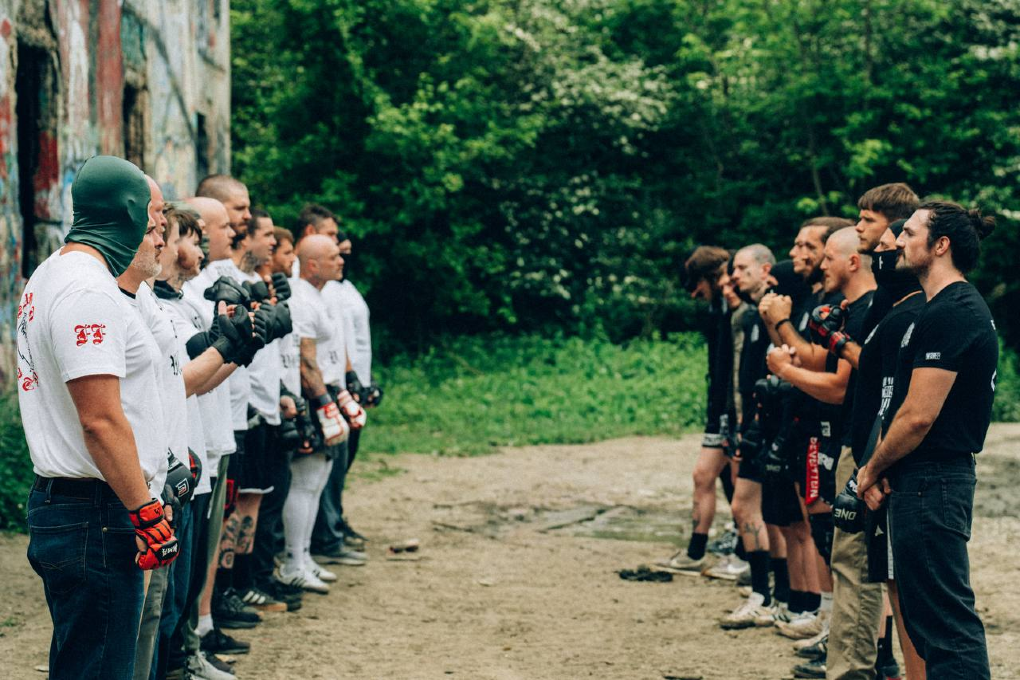 Members of white supremacist fight crews participating at a Forest Fights event. (Image posted to Telegram)