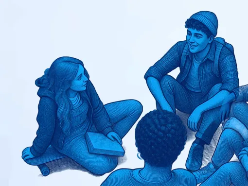 Illustration of students sitting in a circle talking