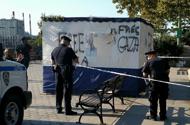 A Sukkah erected in observance of the Sukkot holiday vandalized on Manhattan's Upper East Side in September, 2018. 