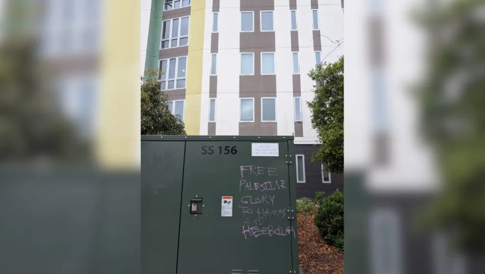Vandalism supporting antisemitic terrorist groups outside of a University of California, San Diego residence hall in May.