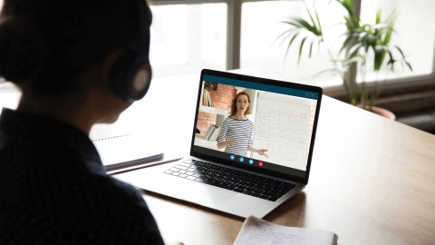 Back view of female looking at laptop participating in an online lesson