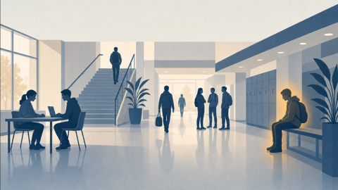 people in a building with a staircase and a long corridor