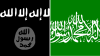 An illustrative composite image of the ISIS (left) and Hamas (right) flags