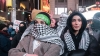 Participants, including one wearing a Hamas-style headband, take part in a pro-Palestinian rally in New York City’s Times Square on January 16, 2025