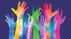 Illustration of colorful tie dye hands reaching up on dark blue background